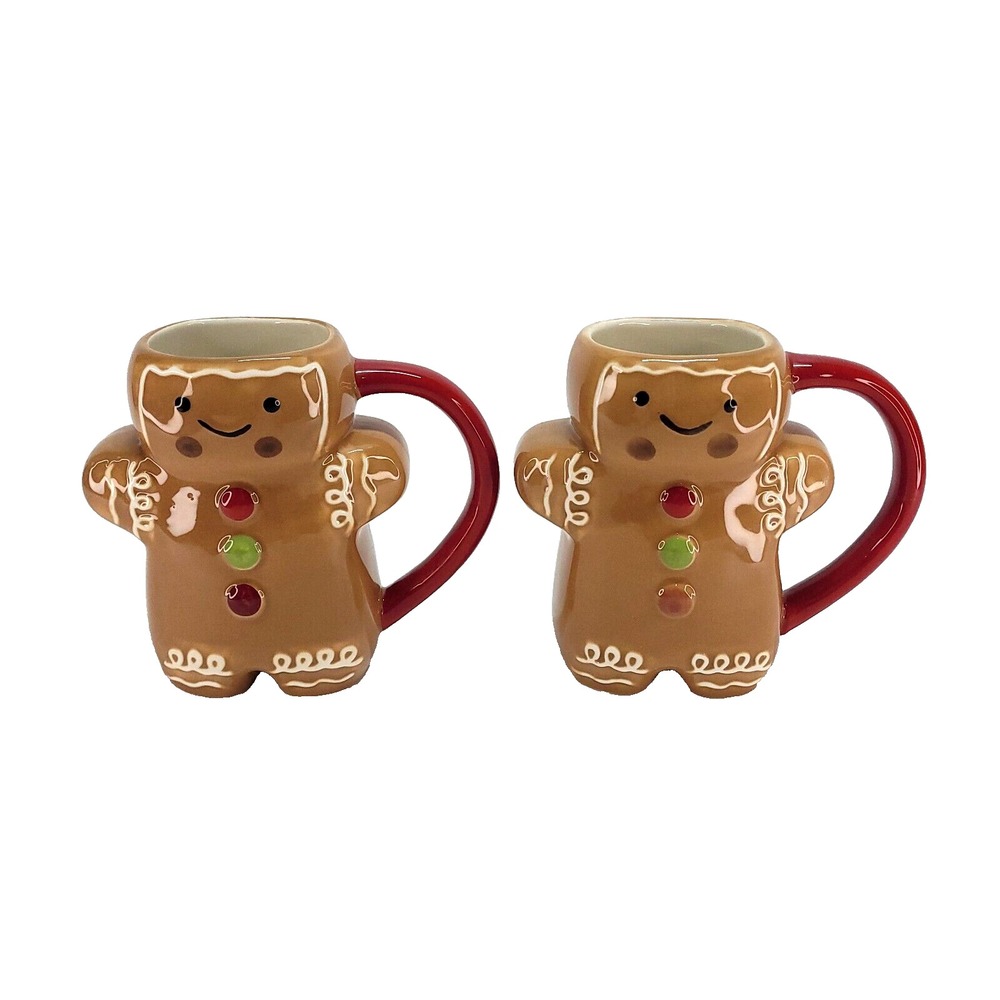 St Nicholas Square Taho Tidings Gingerbread Men Mugs Set 2 Red Handle christmas